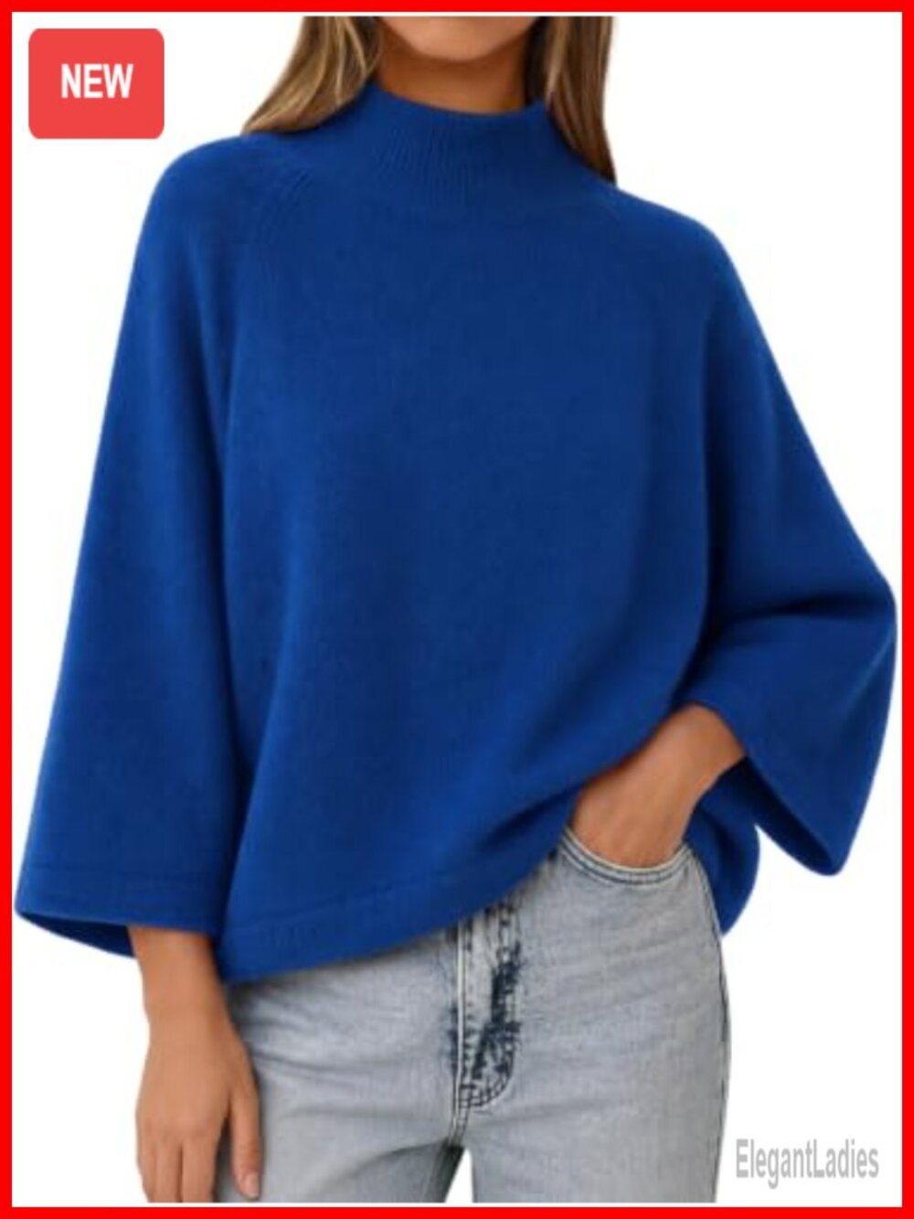 Mock Neck Oversized Knit Pullover Sweater 3/4 Bell Sleeve Womens Cropped Top